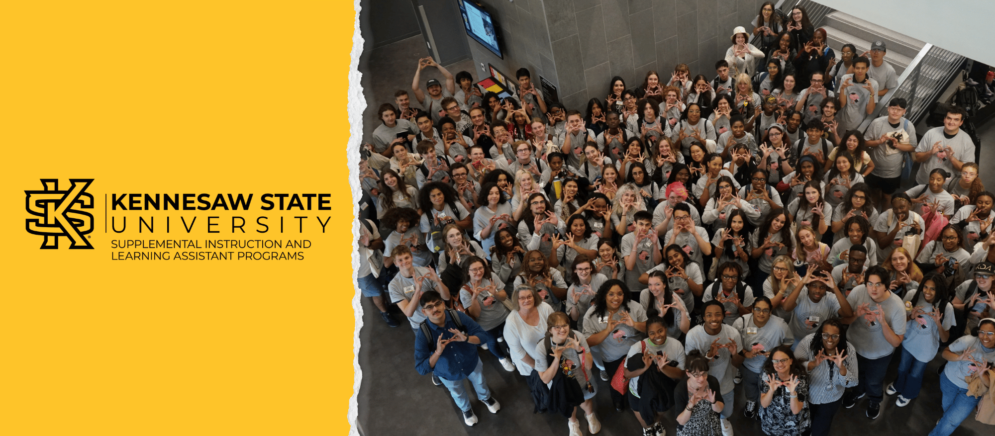 KSU Supplemental Instruction Logo on the left with a group photo of the SI Leaders and Program Staff on the right side.