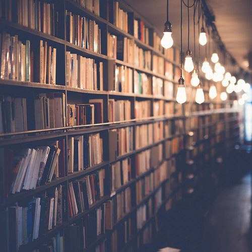 A long row of bookshelves illuminated by hanging light bulbs, symbolizing a space for self-directed learning.