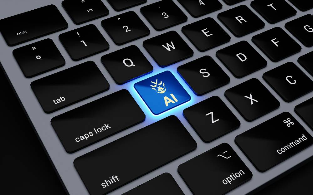 a close up of a keyboard with a glowing blue key that says "ai"