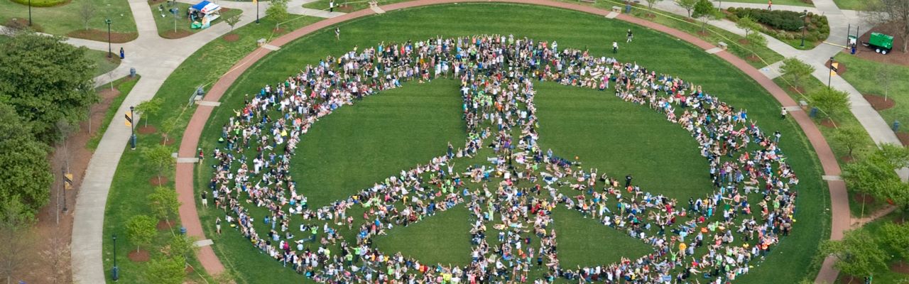 Aerial view of people forming a large peace symbol on a grassy field.