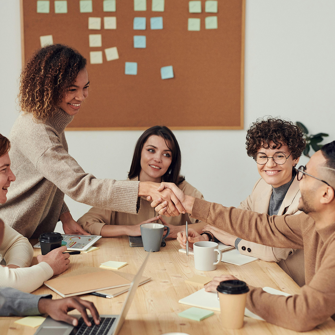 female shaking hand of male worker in meeting at desk