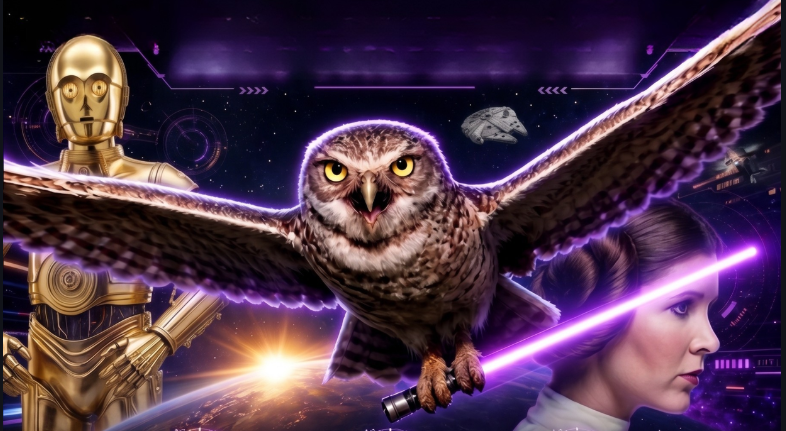 owl flying through space holding a light saber