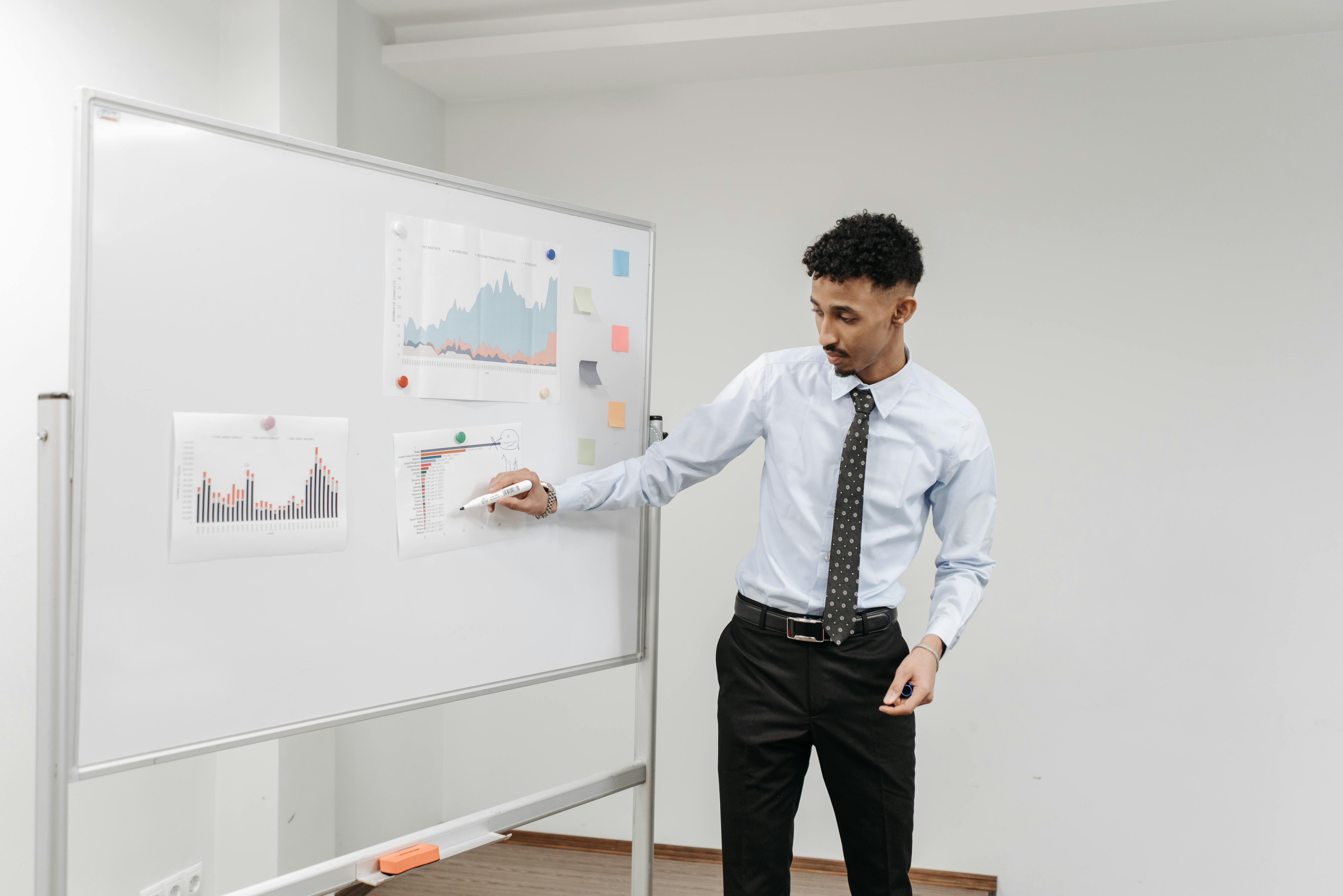 man in business attire point at diagram for presentation
