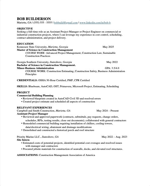 Construction Management Resume 