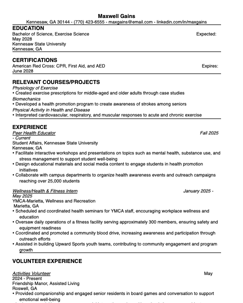Exercise Science Resume Cover
