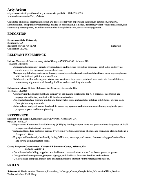 Fine Arts Resume Cover