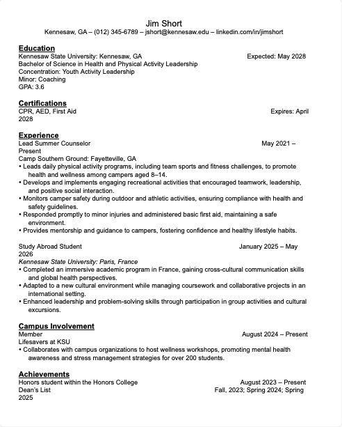 Health & Physical Activity Leadership Resume Cover