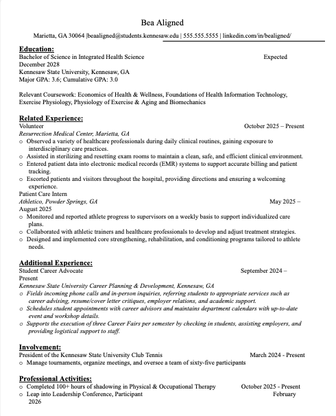 Integrated Health Science Resume Cover