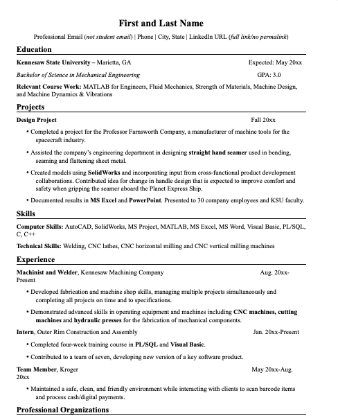 Mechanical Engineering Resume Cover