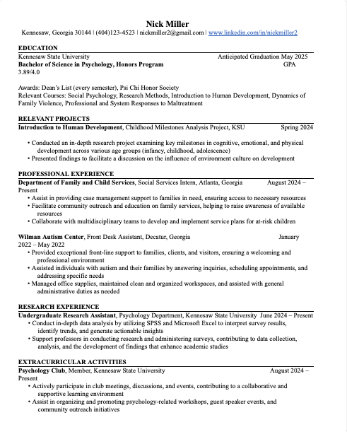 Psychology Resume Cover