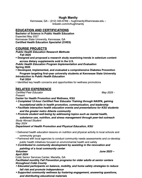 Public Health Resume Cover