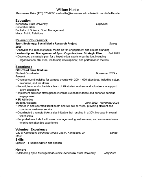 Sport Management Resume Cover