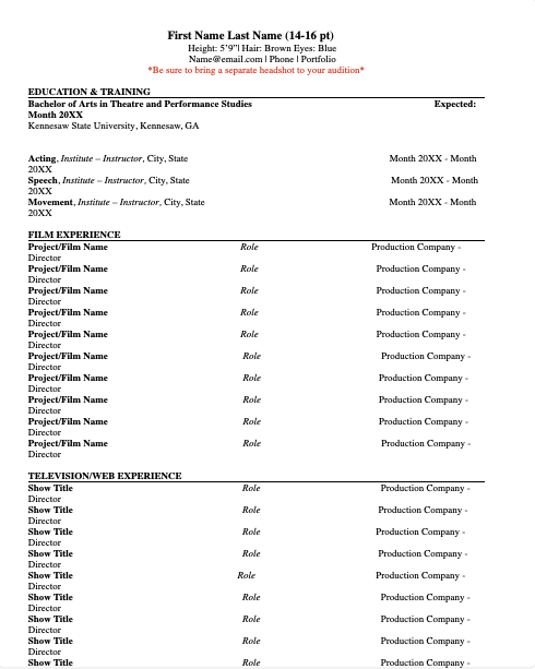 Theater Performance Resume Cover