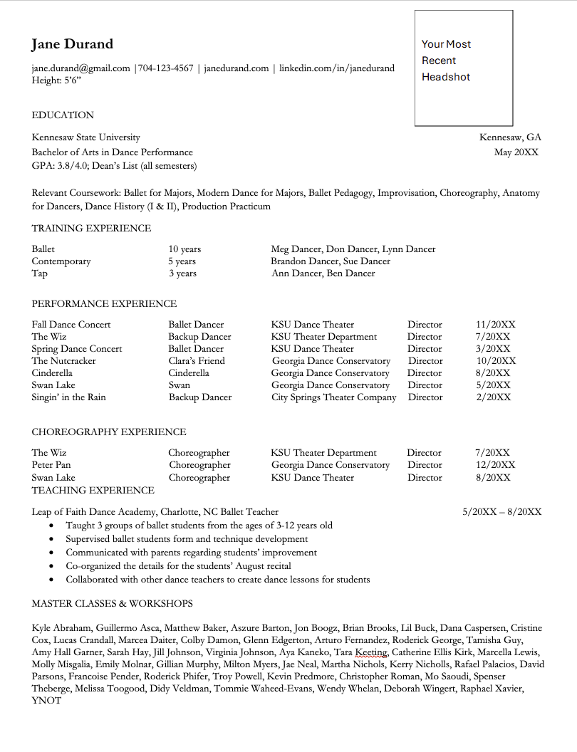 Dance Performance Resume Cover