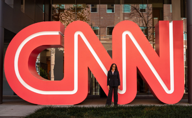 Jessica Okafor stands in front of the CNN sign