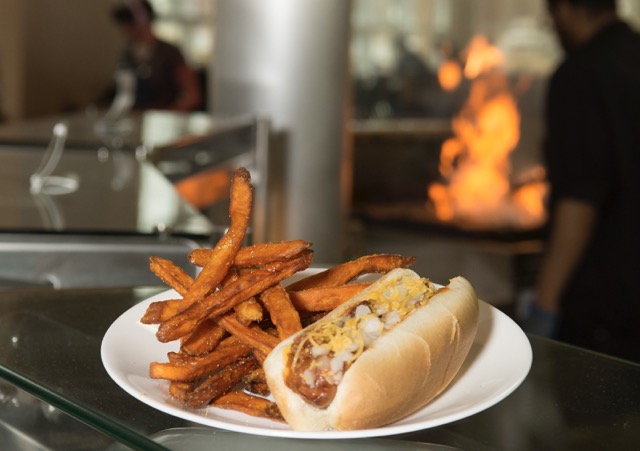 chili dog with a side of sweet potato fries