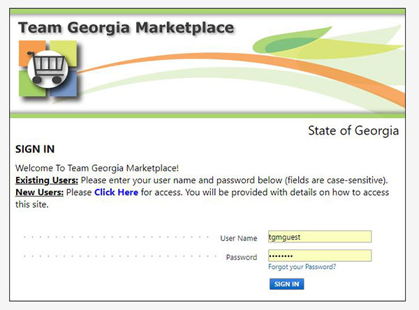 team Georgia marketplace login screen