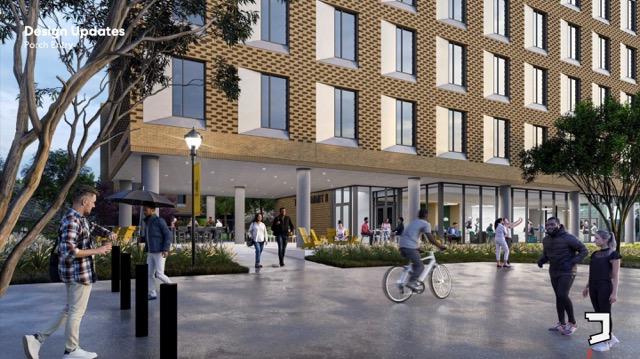 digital rendering of 10 students walking and biking outside of the summit 2 residence hall