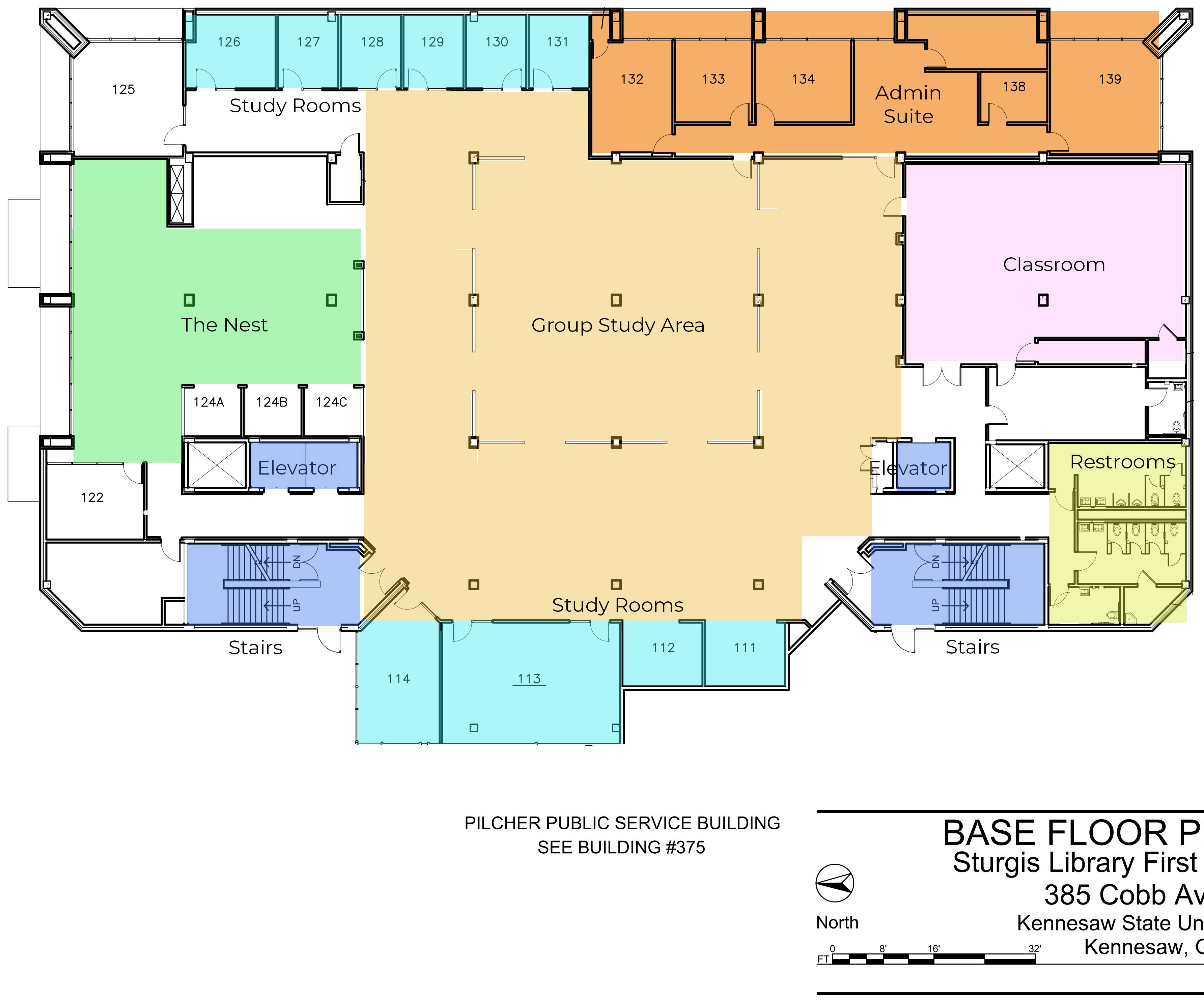 A floorplan diagram of the first floor of the Sturgis Library. There are coloredsections to indicate, The Nest, Study rooms, bathrooms, elevators, and the Admin suite.