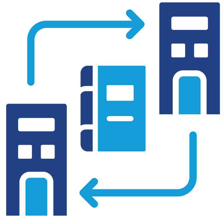 A blue and white icon showing a book being shared between two libraries.