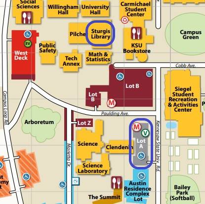 Campus map showing the location of Sturgis Library and parking lot A.