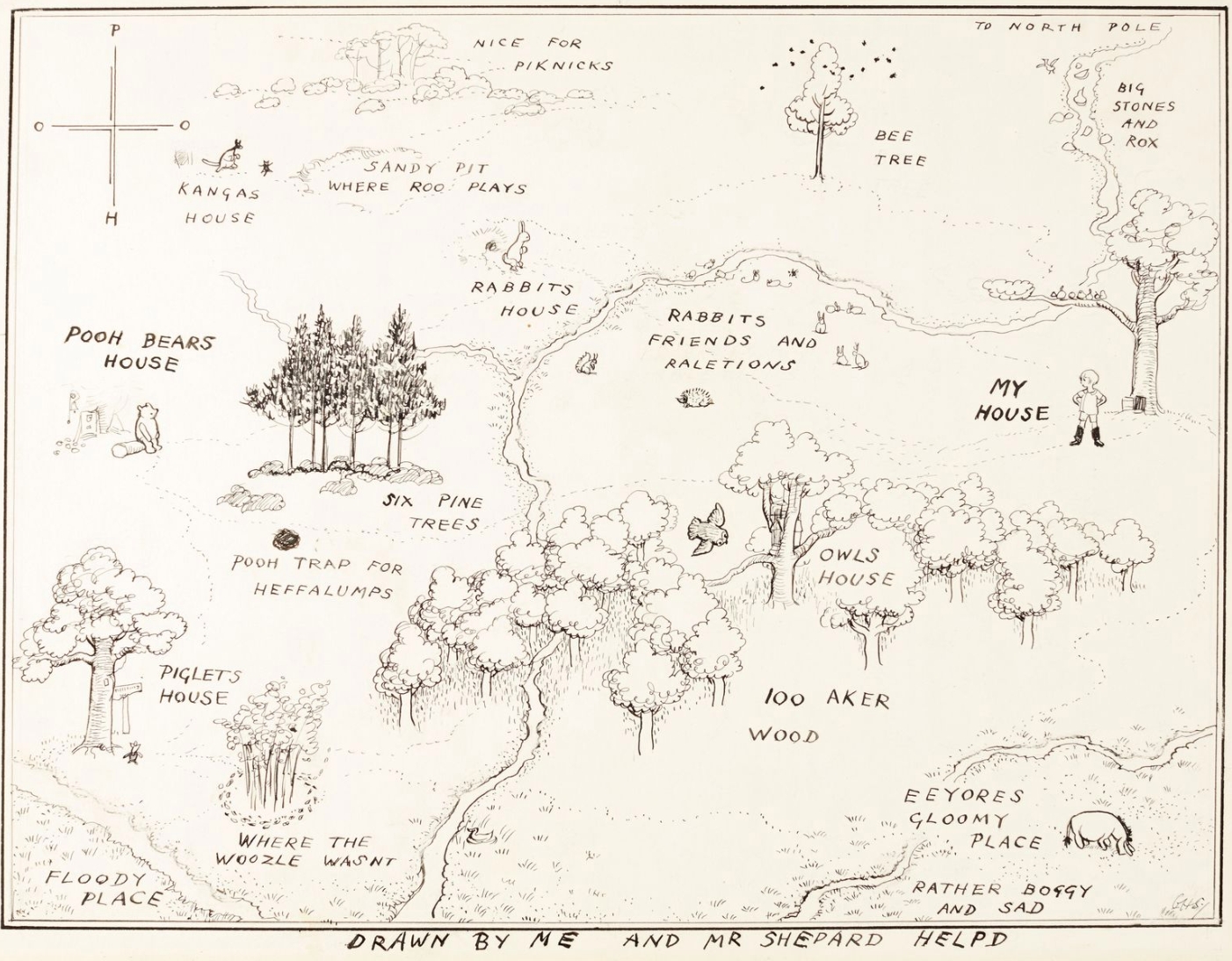 a black and white map of the 100 Acre Wood from the Winniw the Pooh books.