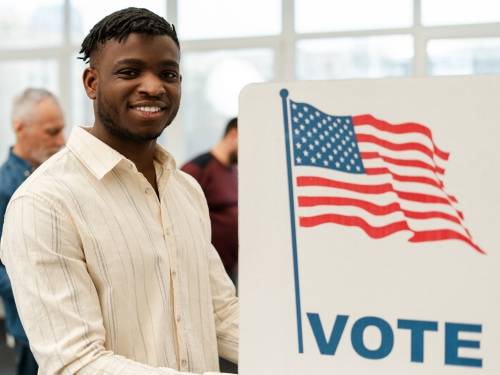 man standing next to a white sign with an American flag with blue vote text