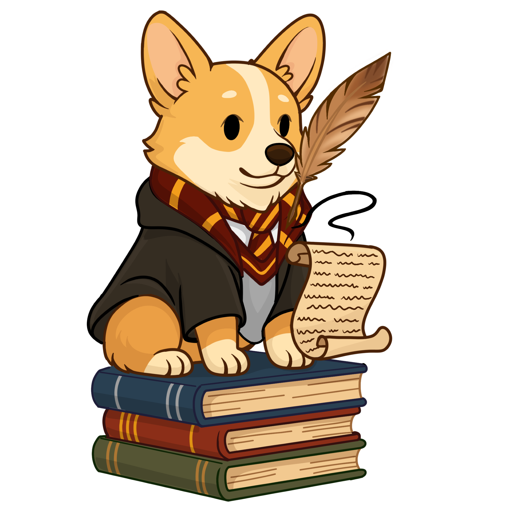an illustration of a welsh corgi dressed as a wizard sitting on a stack of books