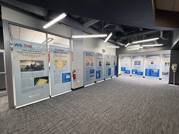 We the People exhibit panels on the ground floor of the Sturgis Library