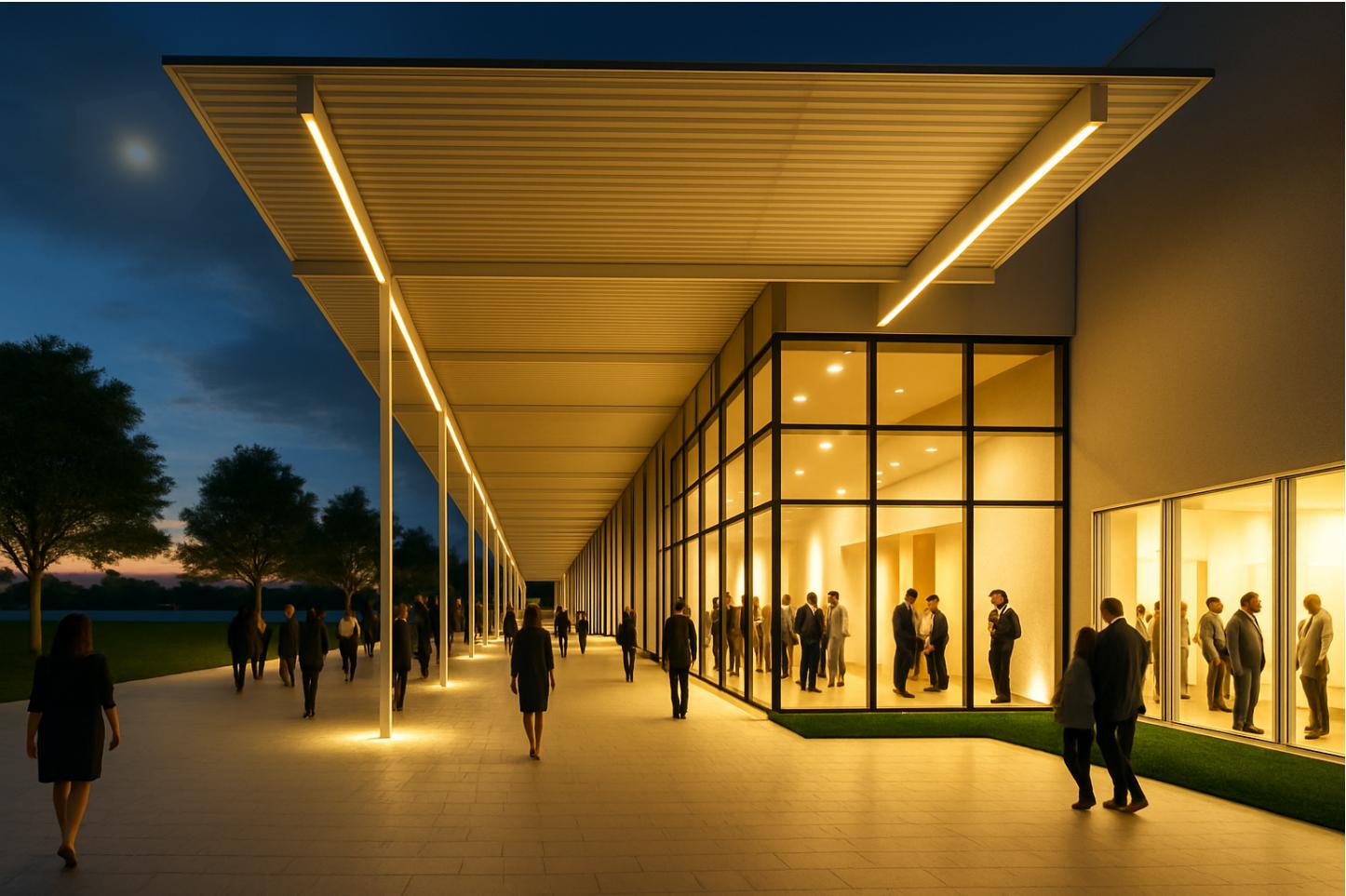 rendering of the bailey school of arts district exterior walkways at night