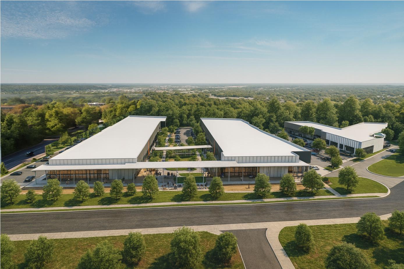 rendering of the exterior of the arts district renovations aerial view