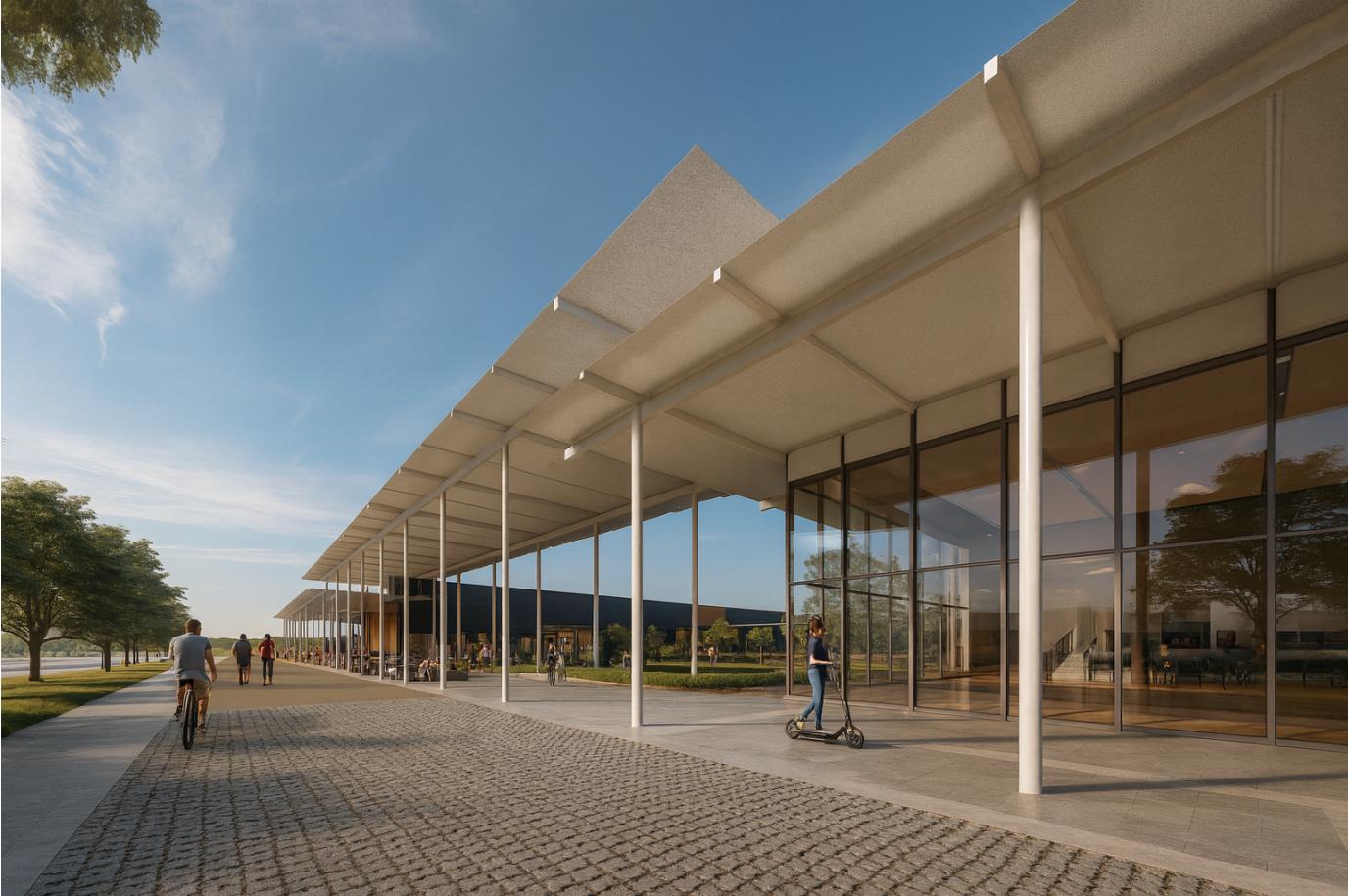 rendering of the exterior walkway of the bailey school of arts renovations