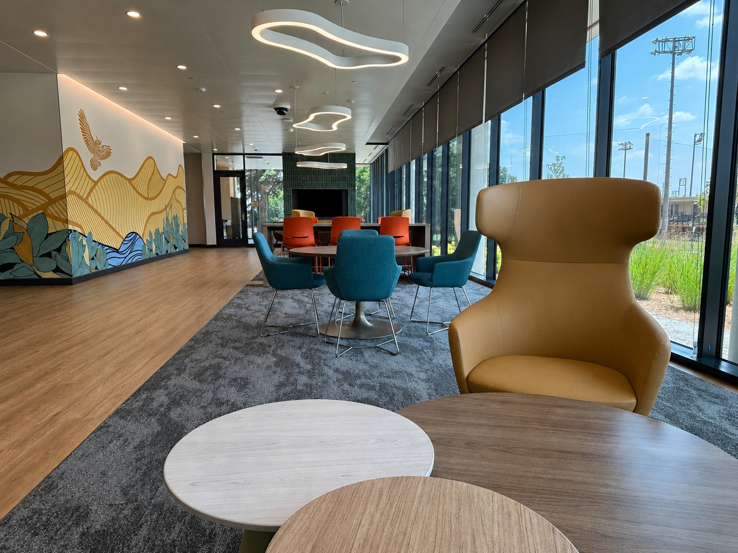 interior view of the summit ii residence hall main lounge area