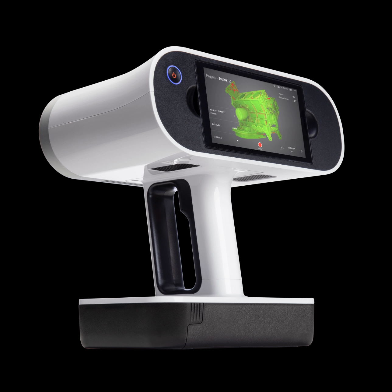 White-and-black handheld 3D scanner displaying a green engine model on its touchscreen.