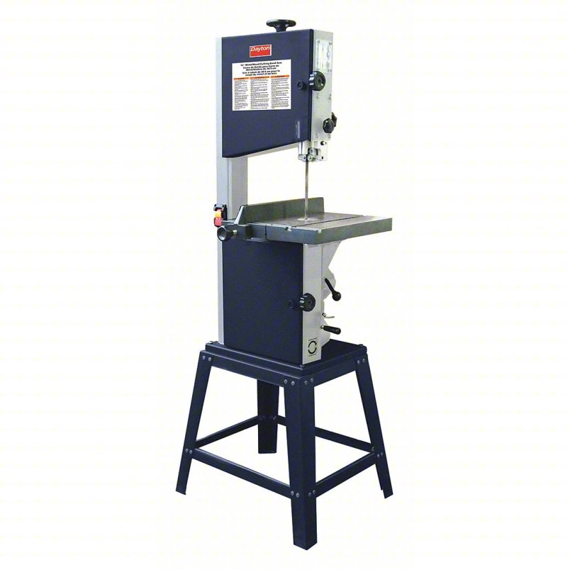 Dark blue Dayton vertical bandsaw with a gray worktable on a black metal stand.