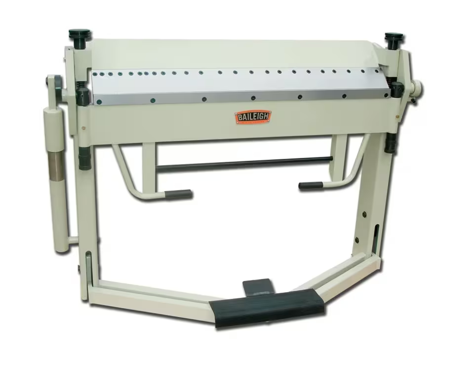 Freestanding Baileigh sheet-metal bending machine with curved operating handles and a black foot pedal.