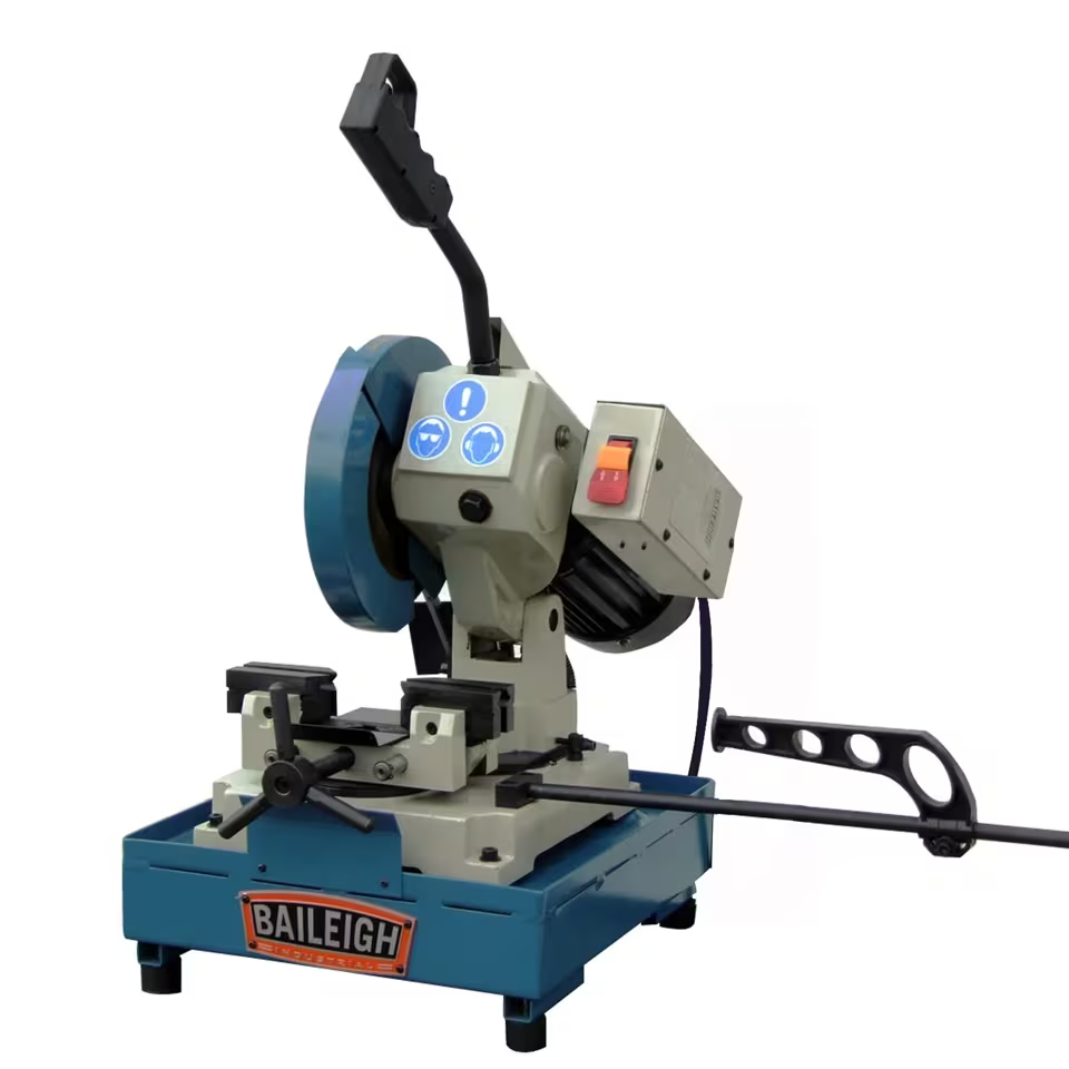 Blue-and-gray Baileigh metal-cutting machine with a circular blade guard, vise, operating handle, and long side lever.