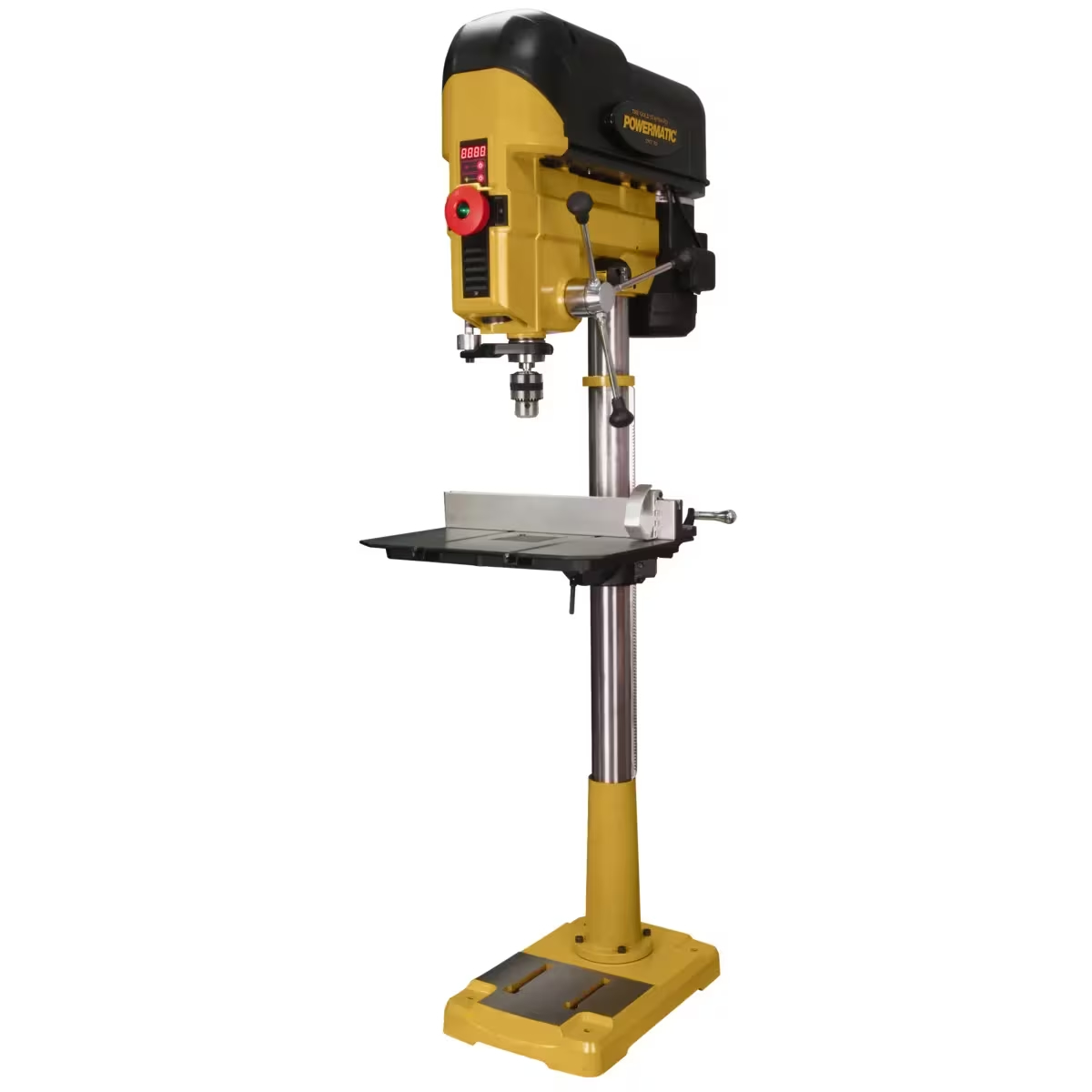 Yellow-and-black Powermatic floor-standing drill press on a white background.