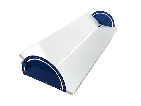 White sloped platform with raised sides and dark blue semicircular end caps.