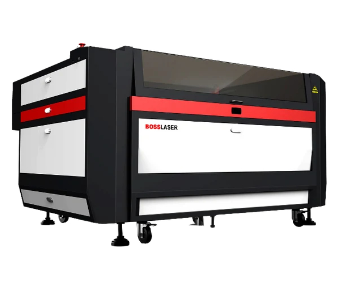 Enclosed black, white, and red BOSSLASER industrial laser machine with a dark transparent lid and caster wheels.