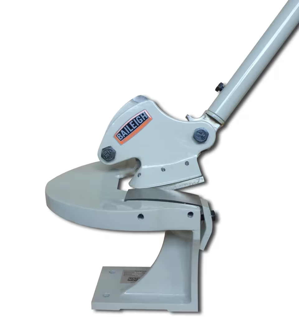 Gray Baileigh lever-operated cutting tool with a long handle and hinged blade assembly.