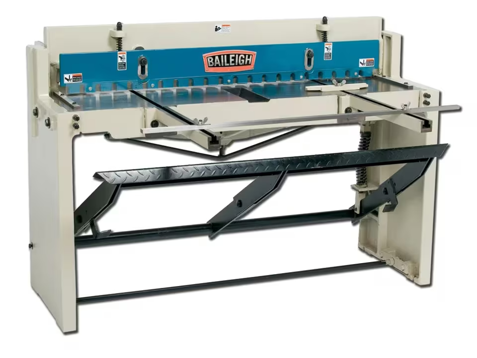 Industrial Baileigh guillotine-style cutting machine with a blue control panel, wide cutting blade, and front foot pedal.