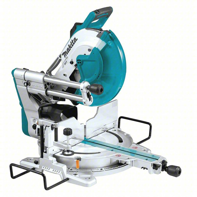 Teal-and-silver Makita sliding compound miter saw with its cutting head raised.
