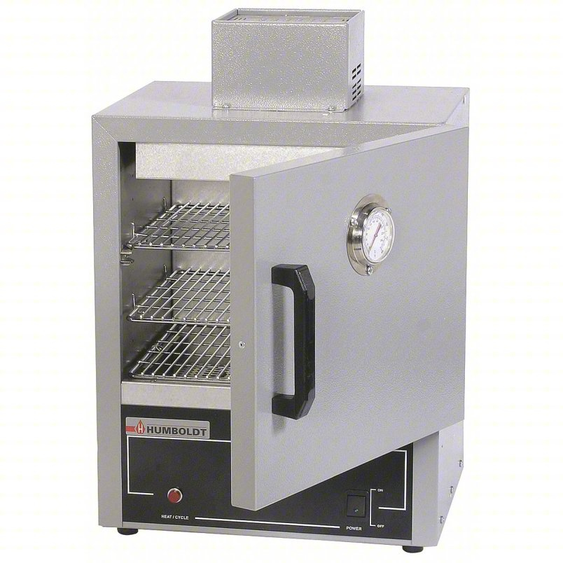 Open gray Humboldt laboratory oven with three wire shelves, a round door-mounted temperature gauge, and front controls.