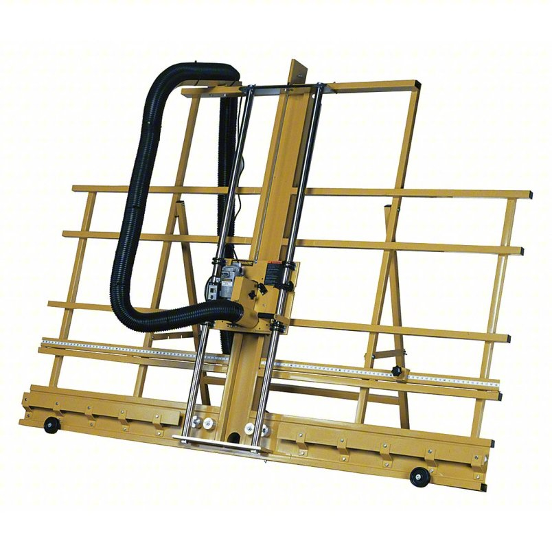 Yellow vertical panel saw with a black dust-collection hose and open support frame.