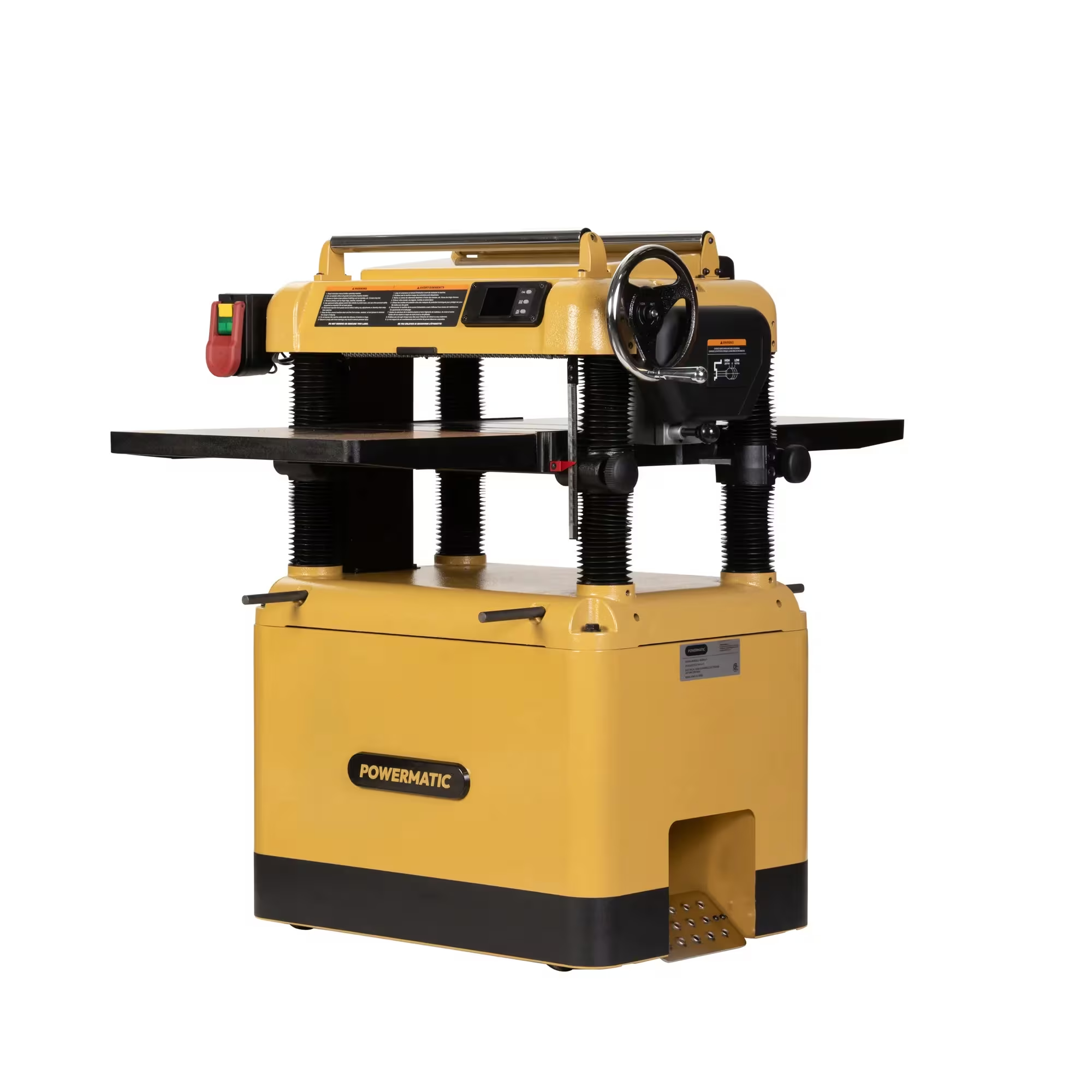 Yellow and black Powermatic industrial woodworking machine with a handwheel, ribbed support columns, and wide upper platform against a white background.