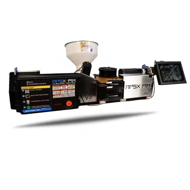 Compact APS X-PIM injection-molding machine with a white hopper, touchscreen control panel, and instructional labels.