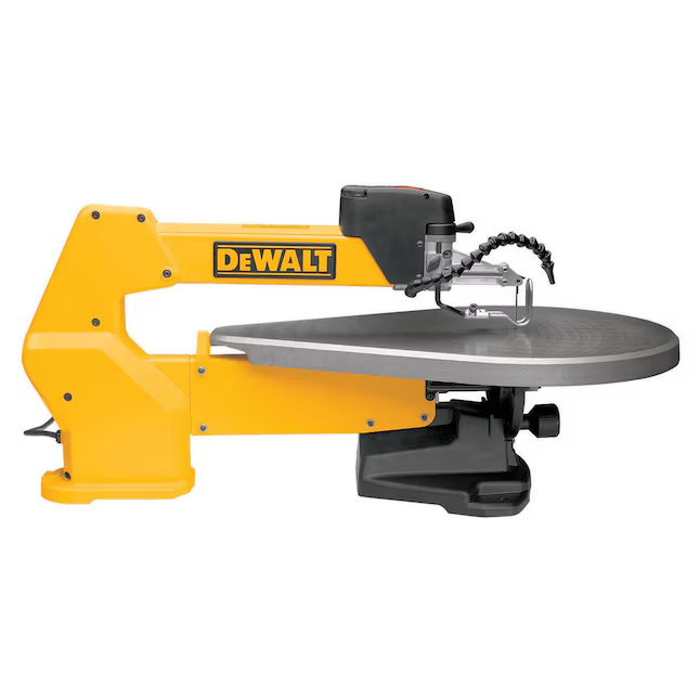 Yellow and black DeWALT scroll saw with a round gray worktable, shown against a white background.