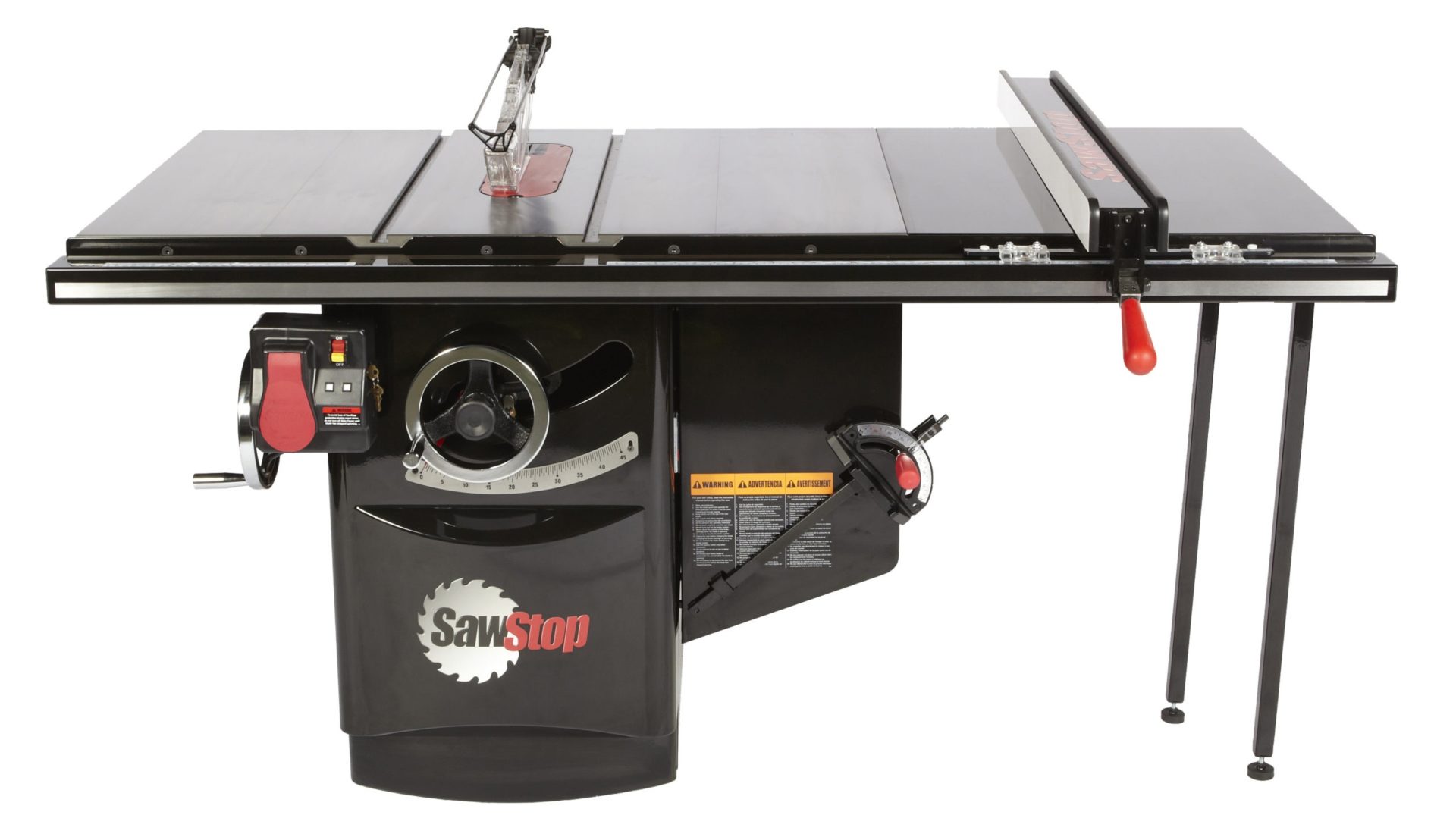Black SawStop table saw with a gray tabletop, raised blade guard, rip fence, red controls, and cabinet base.