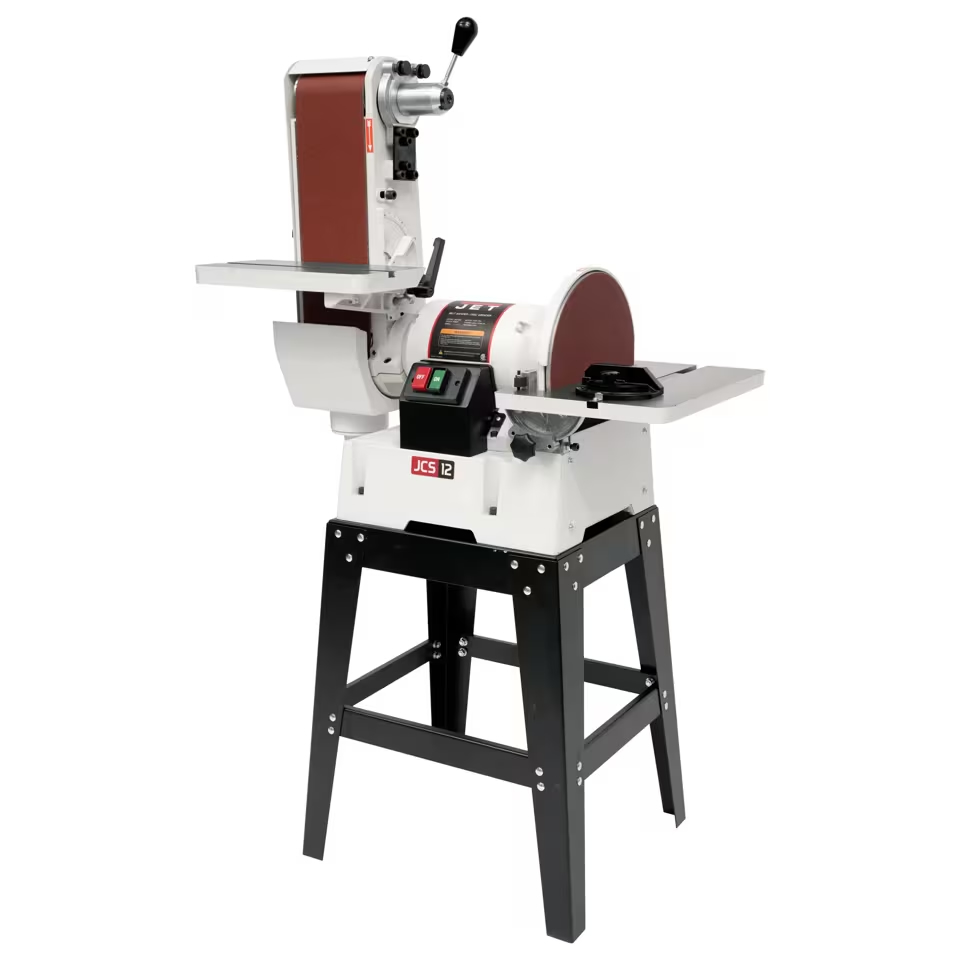 White-and-black combination belt and disc sander mounted on a black metal stand.